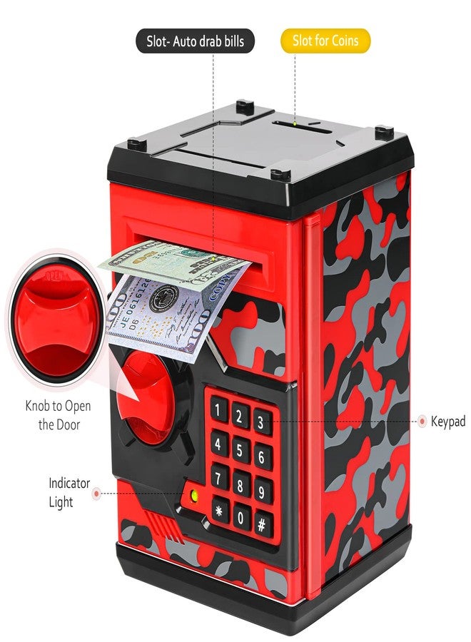 Vcertcpl ATM Piggy Bank for Boys Girls, Vcertcpl Mini ATM Coin Bank Money Saving Box with Password, Kids Safe Money Jar for Adults with Auto Grab Bill Slot, Great Gift Toy Bank for Kids(Camouflage Red) - Image 3